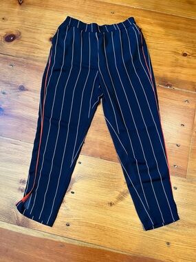 ETT TWA S Piped Navy/White Striped Trousers Slit Polyester Cropped